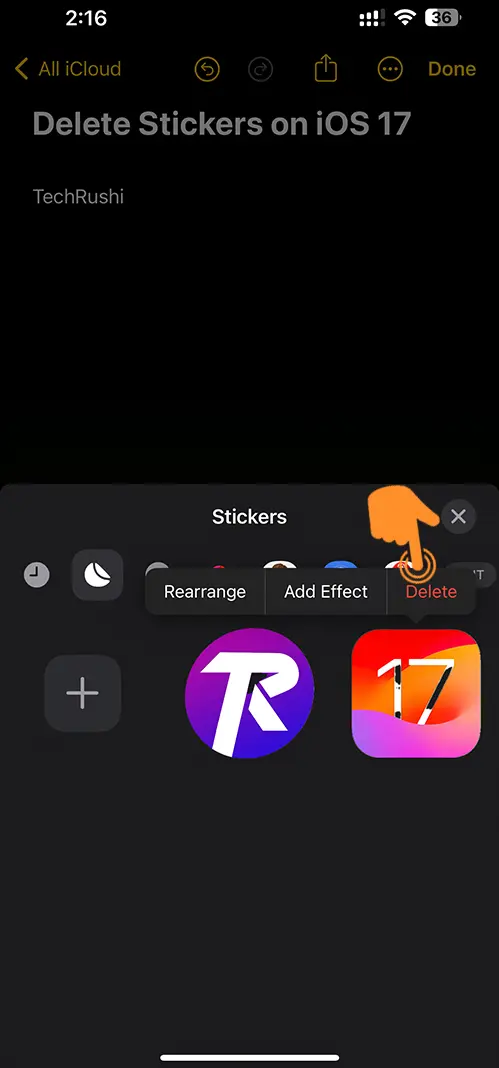 Tap on the delete option to remove stickers from iPhone