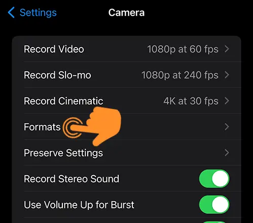 Tap on the iPhone camera Formats