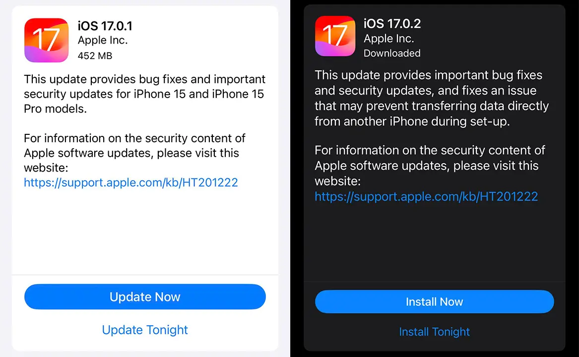 iOS 17.0.1 and iOS 17.0.2