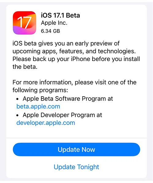 iOS 17.1 Beta 1 update