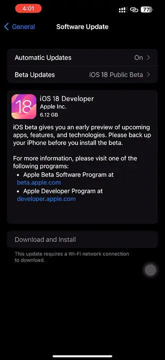 iOS 18 Developer Update Screenshot