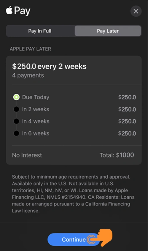 see Apple Pay Later Payment and tap on Continue