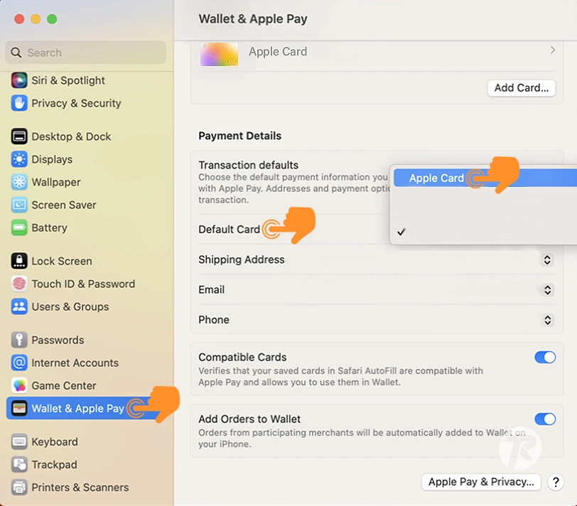 Change Default Apple Pay card on Mac