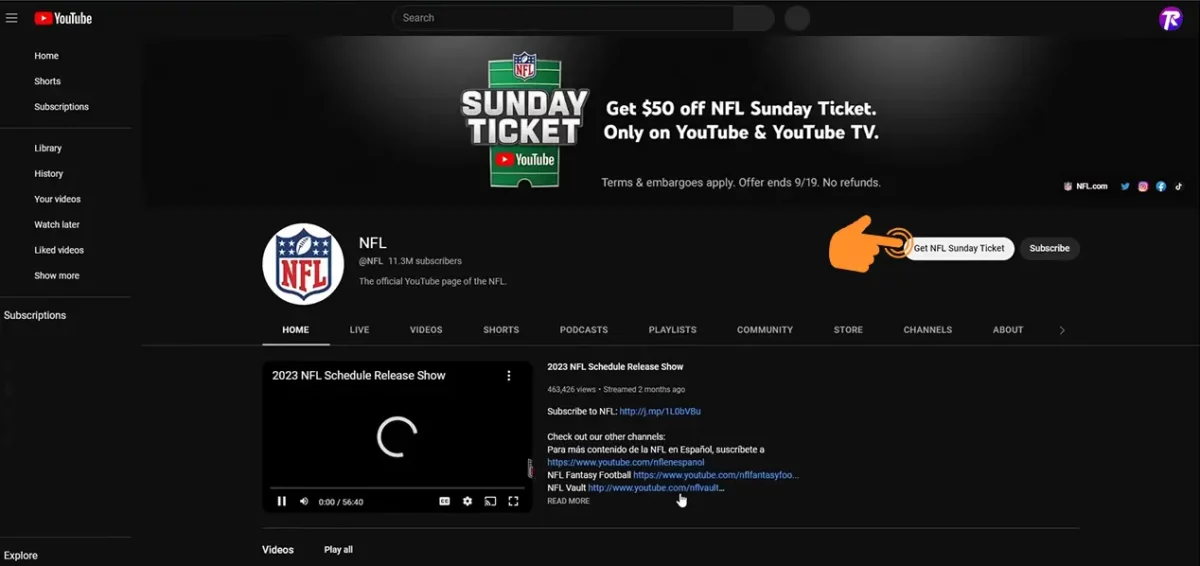 Click on Get NFL Sunday Ticket on YouTube