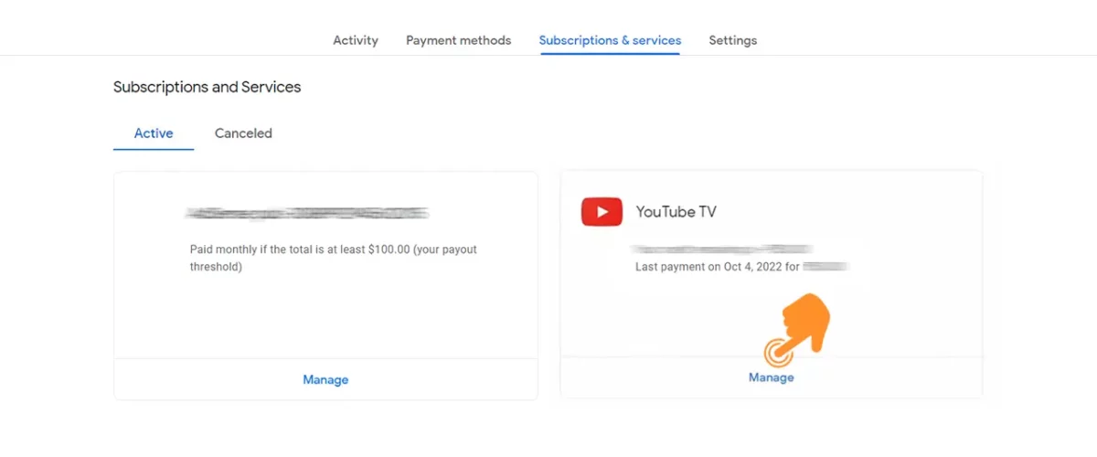 Click on Manage under the YouTube TV section