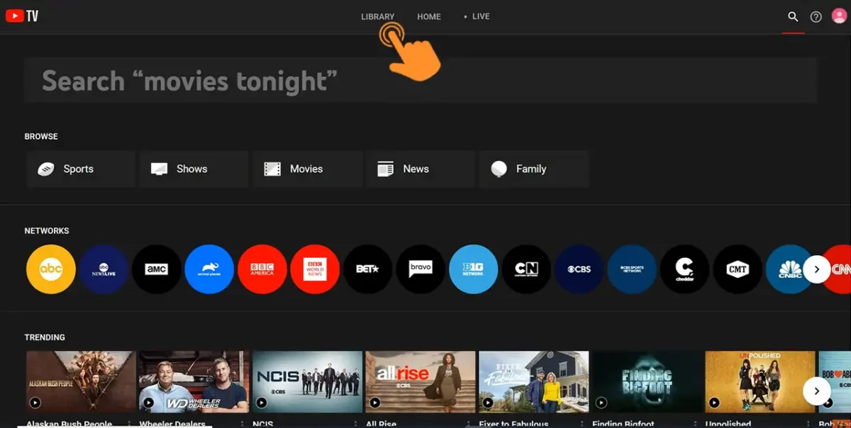 Click on the YouTube TV Library options
