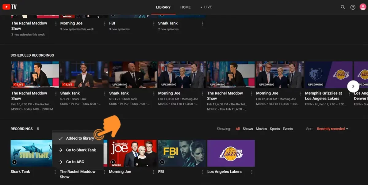 Click on the checkmark icon on youtube tv recording