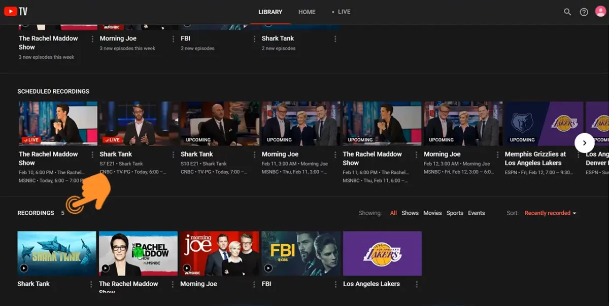 Recording section on youtube tv app