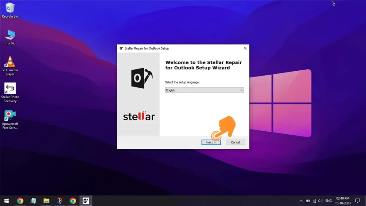 Select Stellar Repair for Outlook Language and Click on Next