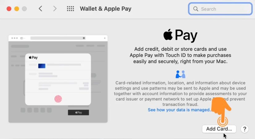 Tap on Add Card to Add Card in Apple Pay on Mac