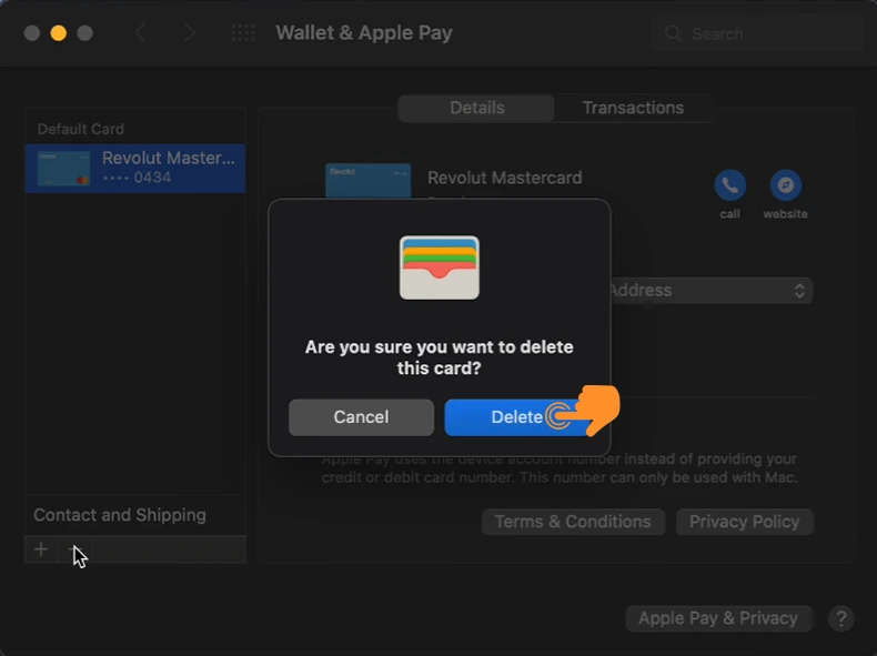 Tap on Delete to remove Card from Apple Pay on mac