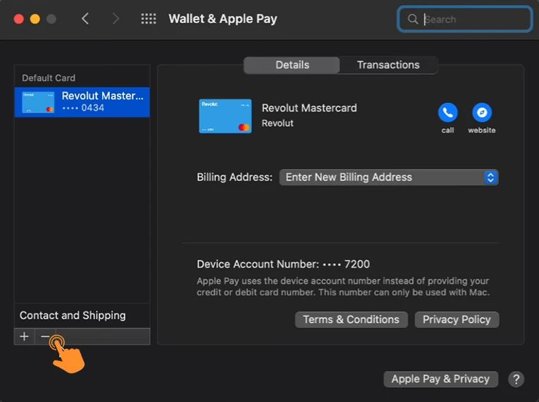 Tap on minus button to remove card from Apple Pay on Mac