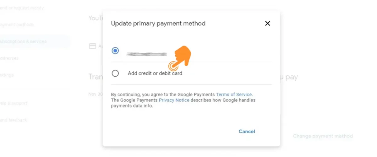 Tap on the Add Credit or debit card option in YouTube TV
