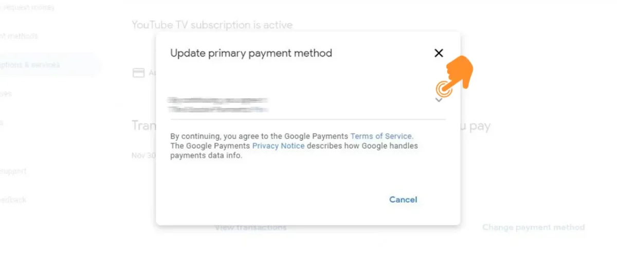 Tap on the Arrow on update primary payment method on youtube tv