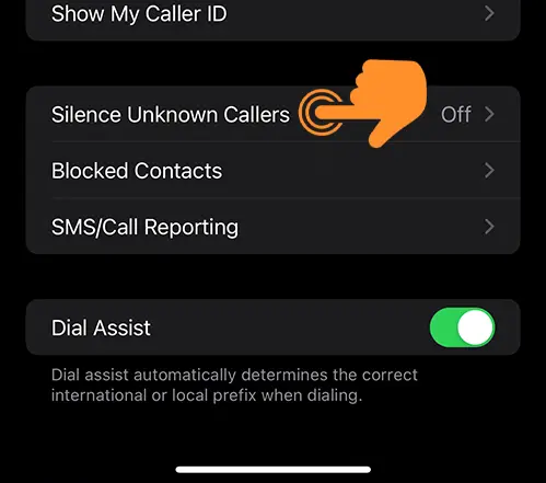 Tap on the Silence Unknown Callers on iPhone settings