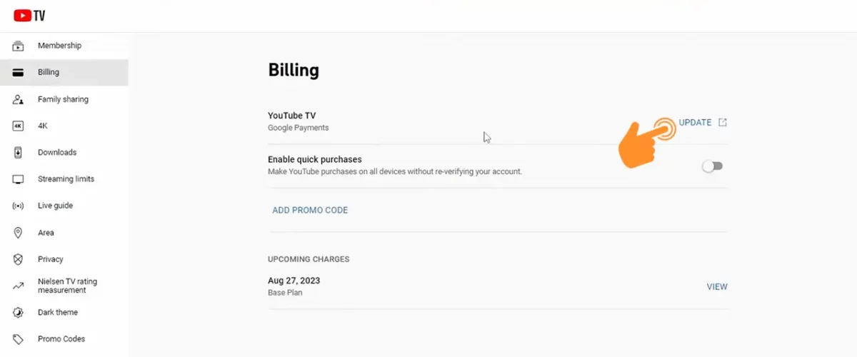 Tap on the Update under YouTube TV Billing Page