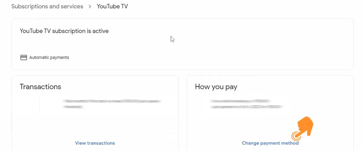 Tap on the change payment method in youtube tv subscription page
