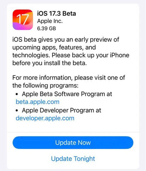 iOS 17.3 Beta 1 Update