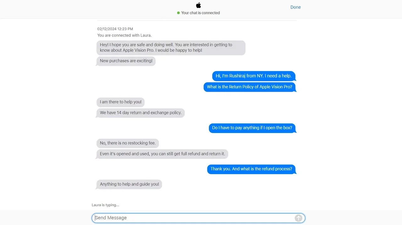 Apple Vision Pro Support Team Chat